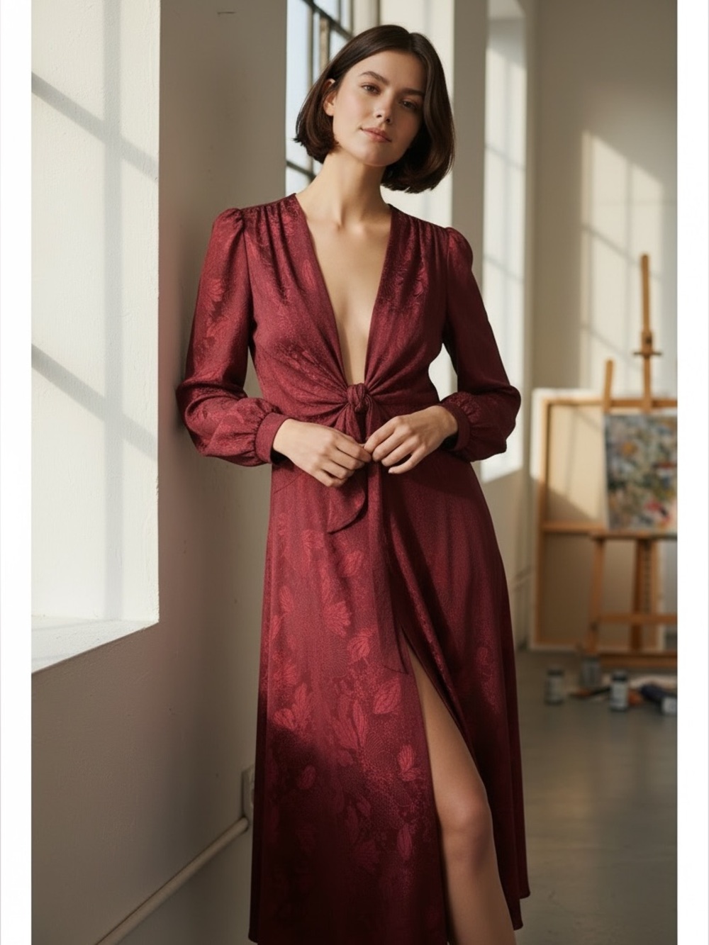 Zara NWT Women’s Sz S Burgundy Jacquard Tie Front Maxi Dress Long Sleeve V-Neck